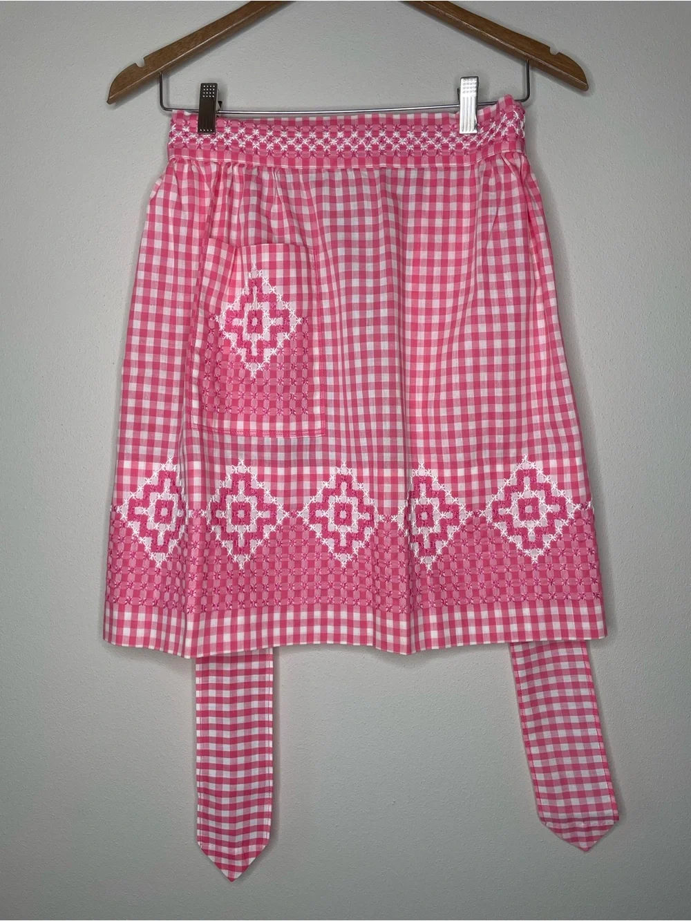 Pink Gingham Embroidered Tea or Half Apron with Chicken Scratch Stitching